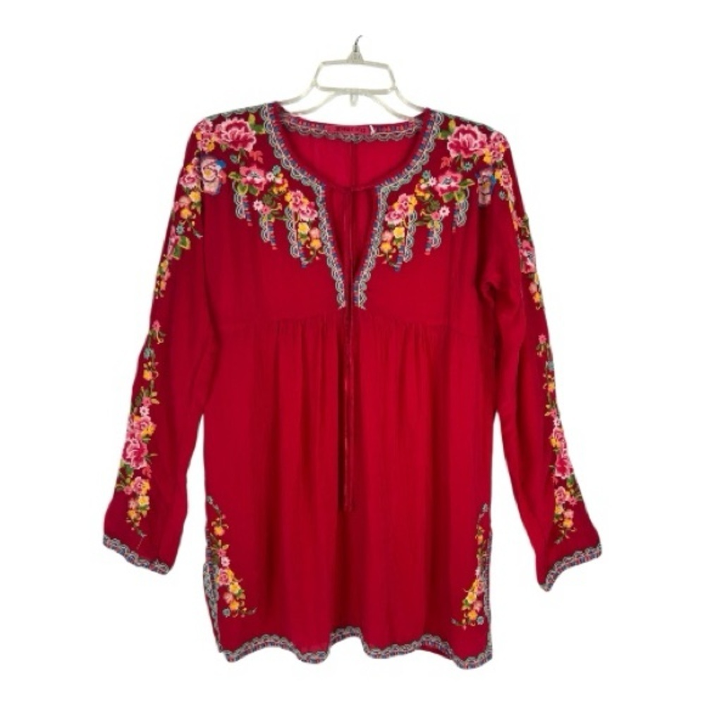Johnny Was Sz XS Floral Embroidered Top Babydoll Top Red Boho